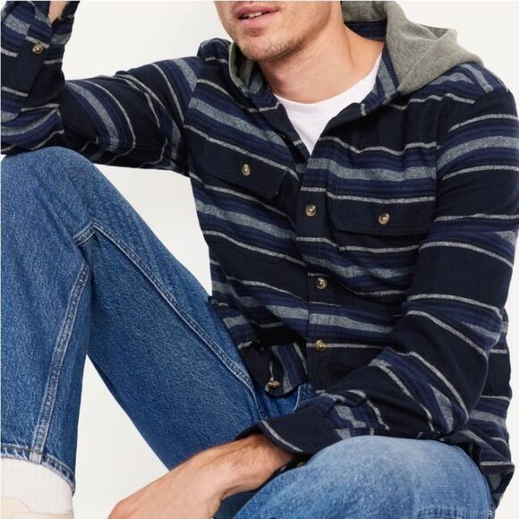 Old Navy Blue/Gray Striped Fleece Hooded Button Down - Picture 2 of 3